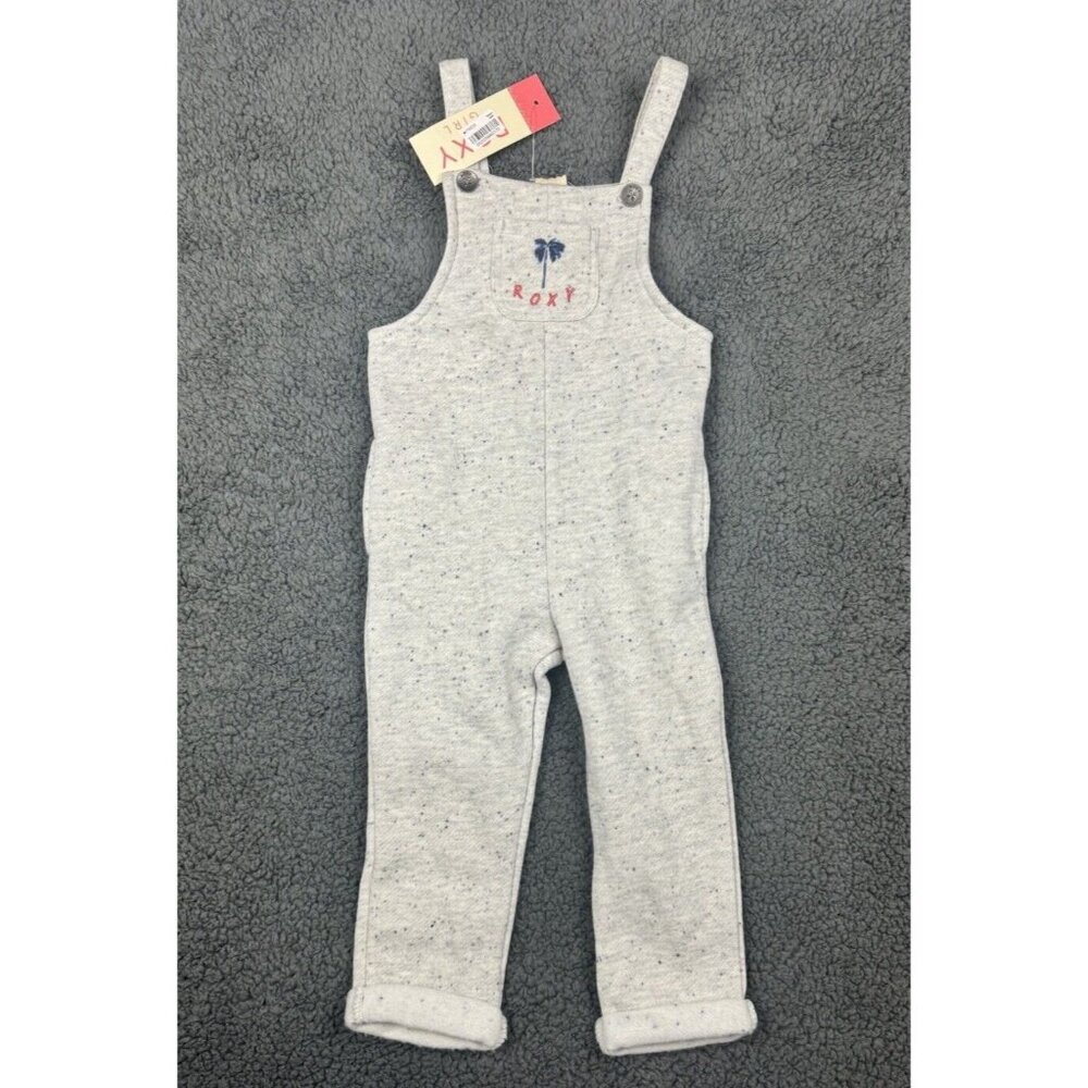 NWT Roxy Overalls Girl 2T 2 Gray Speckled Dot Blue Palm Tree Pocket